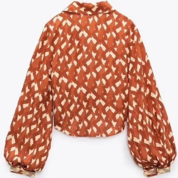 Zara Linen Blend Printed Top in Terracotta With Sequins Beads Sleeves Size S - Picture 6 of 16